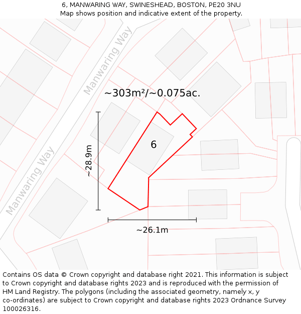 6, MANWARING WAY, SWINESHEAD, BOSTON, PE20 3NU: Plot and title map
