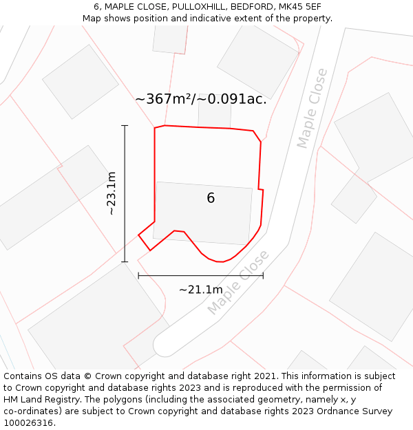 6, MAPLE CLOSE, PULLOXHILL, BEDFORD, MK45 5EF: Plot and title map