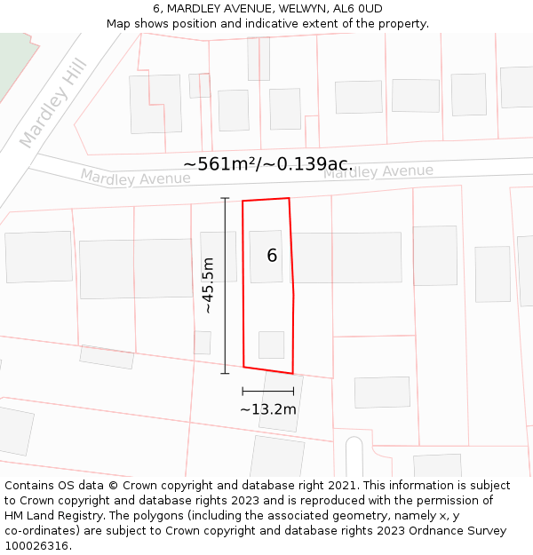 6, MARDLEY AVENUE, WELWYN, AL6 0UD: Plot and title map