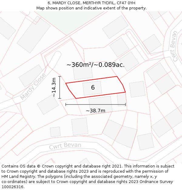 6, MARDY CLOSE, MERTHYR TYDFIL, CF47 0YH: Plot and title map