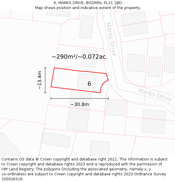 6, MARKS DRIVE, BODMIN, PL31 1BD: Plot and title map