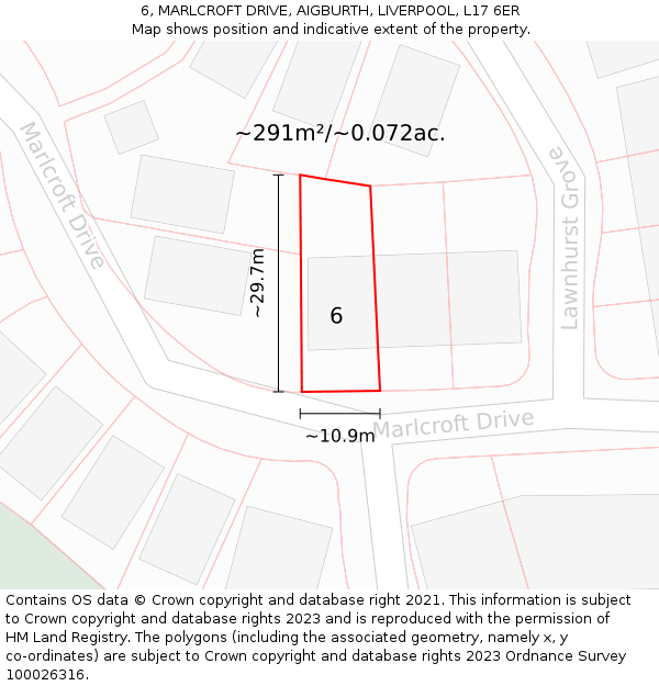 6, MARLCROFT DRIVE, AIGBURTH, LIVERPOOL, L17 6ER: Plot and title map