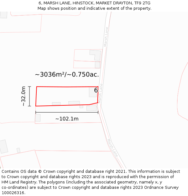 6, MARSH LANE, HINSTOCK, MARKET DRAYTON, TF9 2TG: Plot and title map