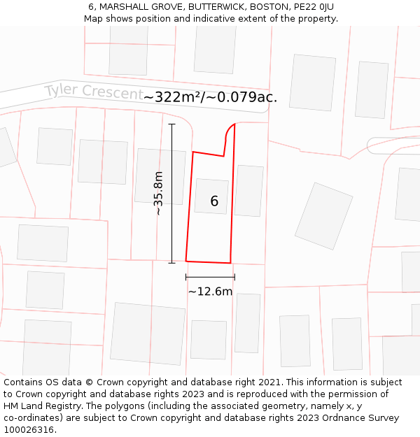 6, MARSHALL GROVE, BUTTERWICK, BOSTON, PE22 0JU: Plot and title map