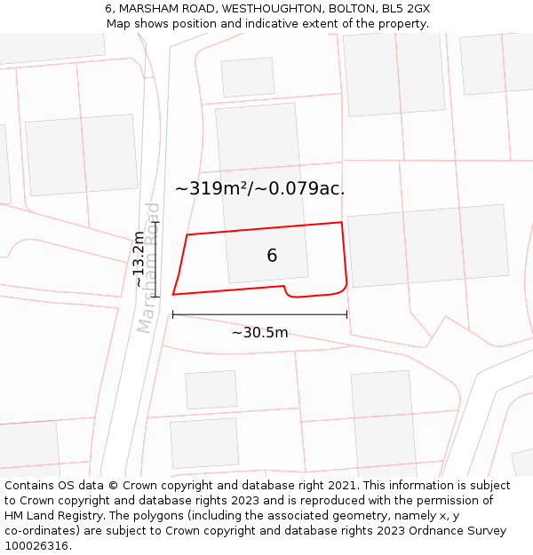 6, MARSHAM ROAD, WESTHOUGHTON, BOLTON, BL5 2GX: Plot and title map