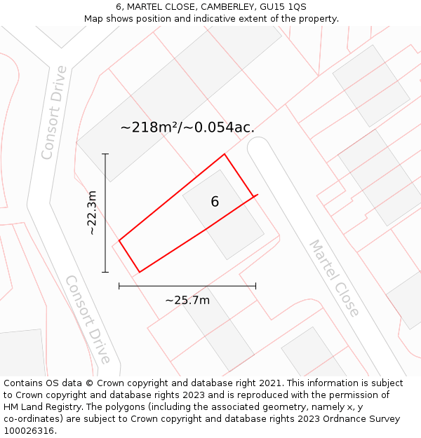 6, MARTEL CLOSE, CAMBERLEY, GU15 1QS: Plot and title map