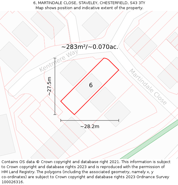 6, MARTINDALE CLOSE, STAVELEY, CHESTERFIELD, S43 3TY: Plot and title map