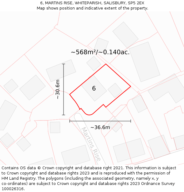 6, MARTINS RISE, WHITEPARISH, SALISBURY, SP5 2EX: Plot and title map