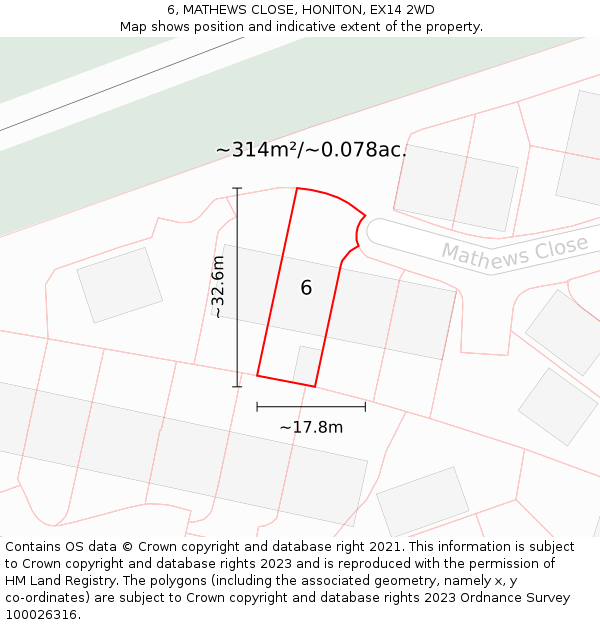 6, MATHEWS CLOSE, HONITON, EX14 2WD: Plot and title map