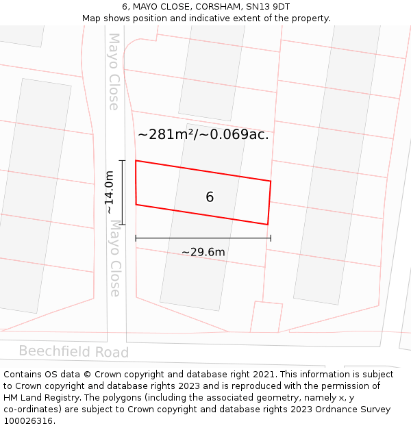 6, MAYO CLOSE, CORSHAM, SN13 9DT: Plot and title map