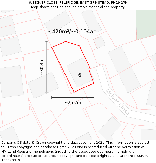 6, MCIVER CLOSE, FELBRIDGE, EAST GRINSTEAD, RH19 2PN: Plot and title map