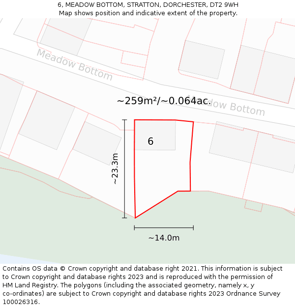 6, MEADOW BOTTOM, STRATTON, DORCHESTER, DT2 9WH: Plot and title map