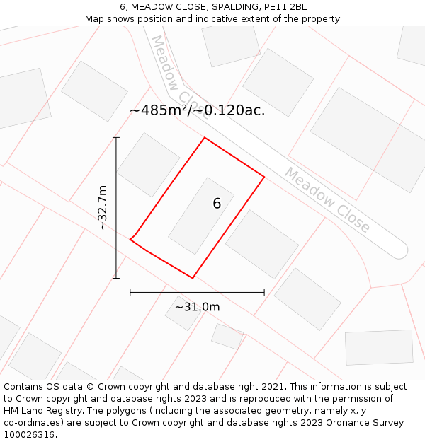 6, MEADOW CLOSE, SPALDING, PE11 2BL: Plot and title map