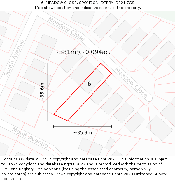 6, MEADOW CLOSE, SPONDON, DERBY, DE21 7GS: Plot and title map