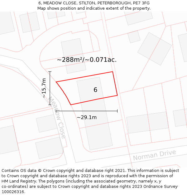 6, MEADOW CLOSE, STILTON, PETERBOROUGH, PE7 3FG: Plot and title map
