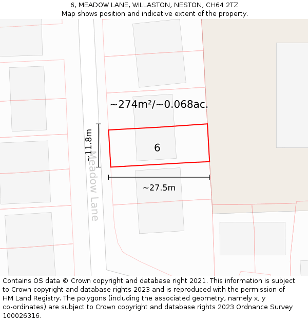 6, MEADOW LANE, WILLASTON, NESTON, CH64 2TZ: Plot and title map