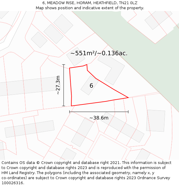 6, MEADOW RISE, HORAM, HEATHFIELD, TN21 0LZ: Plot and title map