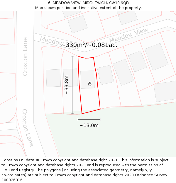 6, MEADOW VIEW, MIDDLEWICH, CW10 9QB: Plot and title map