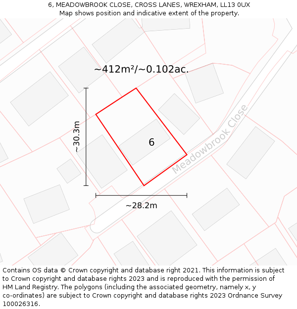 6, MEADOWBROOK CLOSE, CROSS LANES, WREXHAM, LL13 0UX: Plot and title map