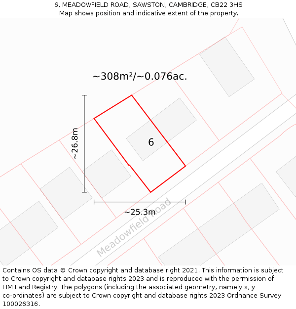 6, MEADOWFIELD ROAD, SAWSTON, CAMBRIDGE, CB22 3HS: Plot and title map