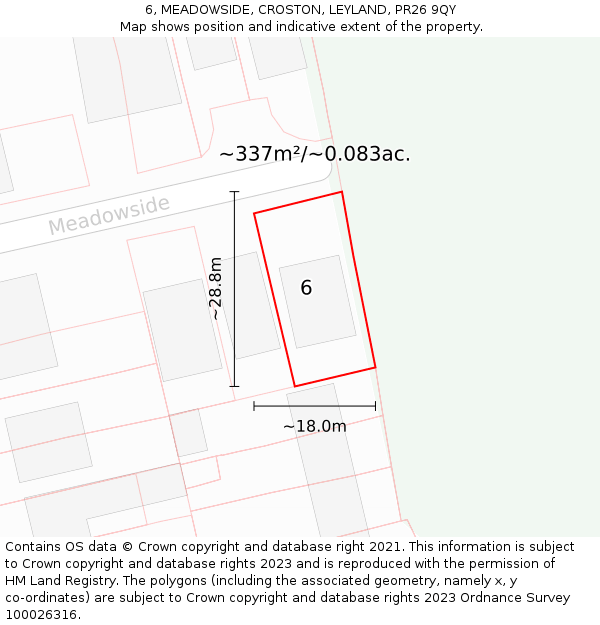 6, MEADOWSIDE, CROSTON, LEYLAND, PR26 9QY: Plot and title map
