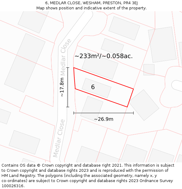 6, MEDLAR CLOSE, WESHAM, PRESTON, PR4 3EJ: Plot and title map