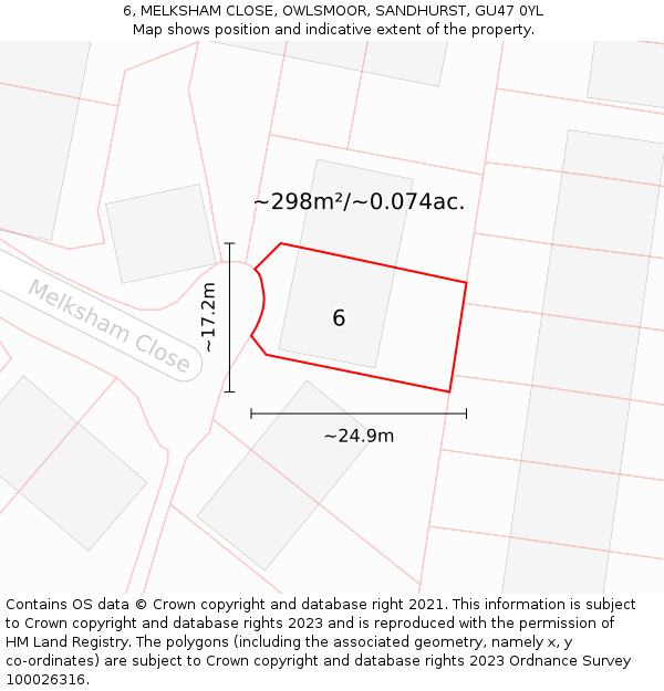 6, MELKSHAM CLOSE, OWLSMOOR, SANDHURST, GU47 0YL: Plot and title map