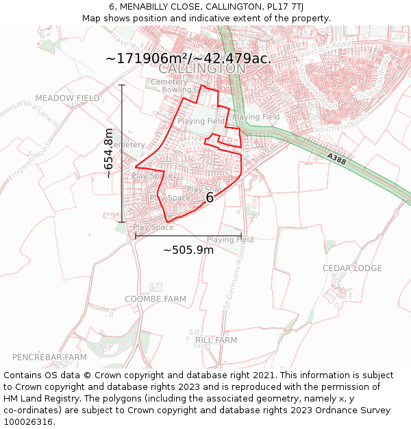 6, MENABILLY CLOSE, CALLINGTON, PL17 7TJ: Plot and title map