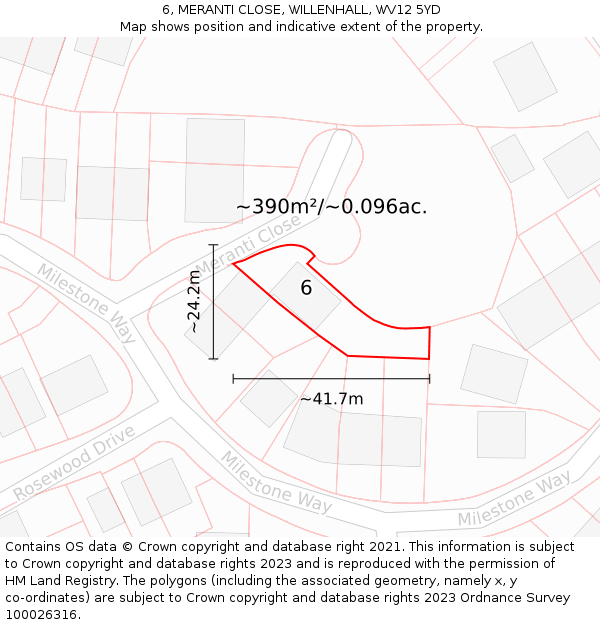 6, MERANTI CLOSE, WILLENHALL, WV12 5YD: Plot and title map