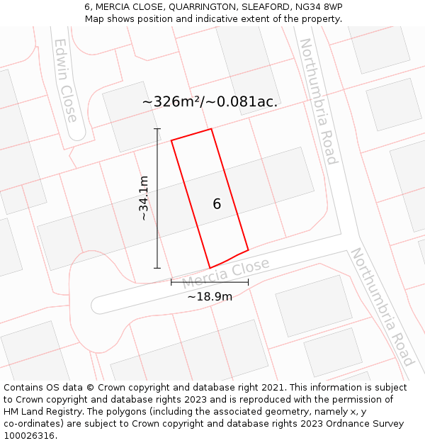 6, MERCIA CLOSE, QUARRINGTON, SLEAFORD, NG34 8WP: Plot and title map