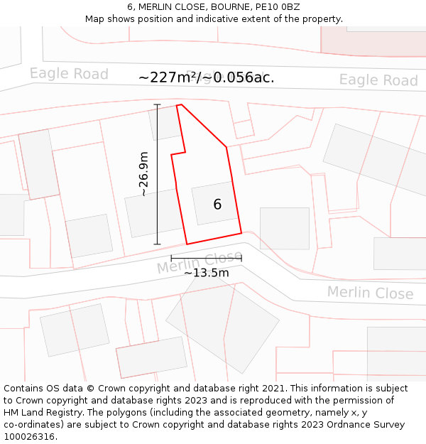 6, MERLIN CLOSE, BOURNE, PE10 0BZ: Plot and title map