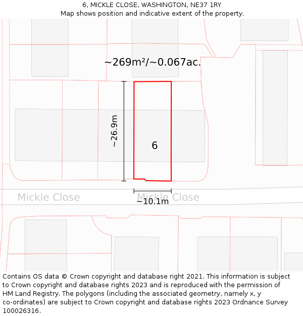 6, MICKLE CLOSE, WASHINGTON, NE37 1RY: Plot and title map