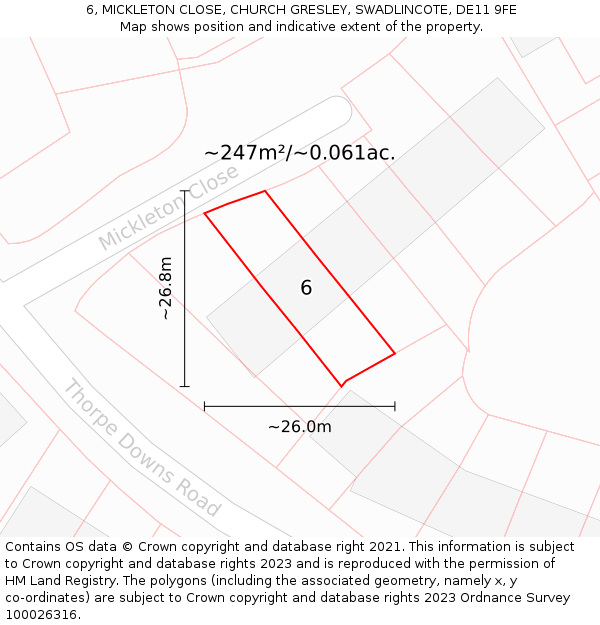 6, MICKLETON CLOSE, CHURCH GRESLEY, SWADLINCOTE, DE11 9FE: Plot and title map