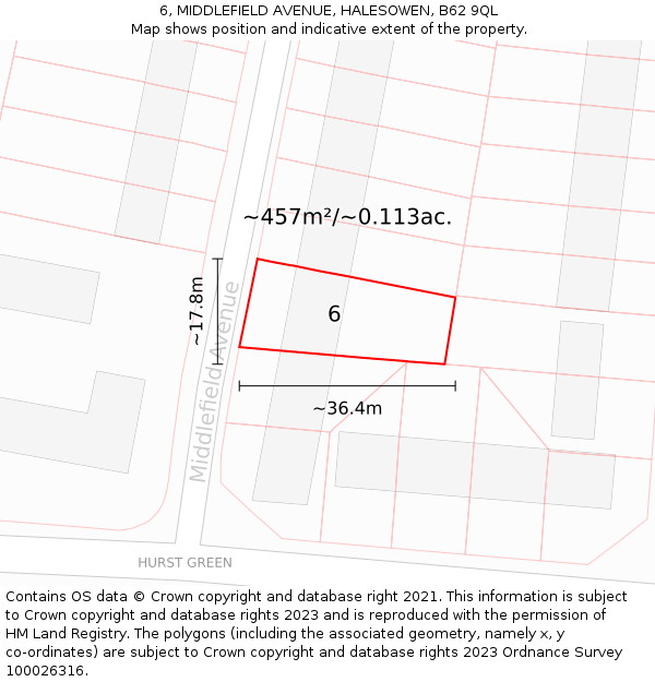 6, MIDDLEFIELD AVENUE, HALESOWEN, B62 9QL: Plot and title map