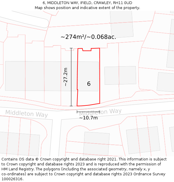 6, MIDDLETON WAY, IFIELD, CRAWLEY, RH11 0UD: Plot and title map