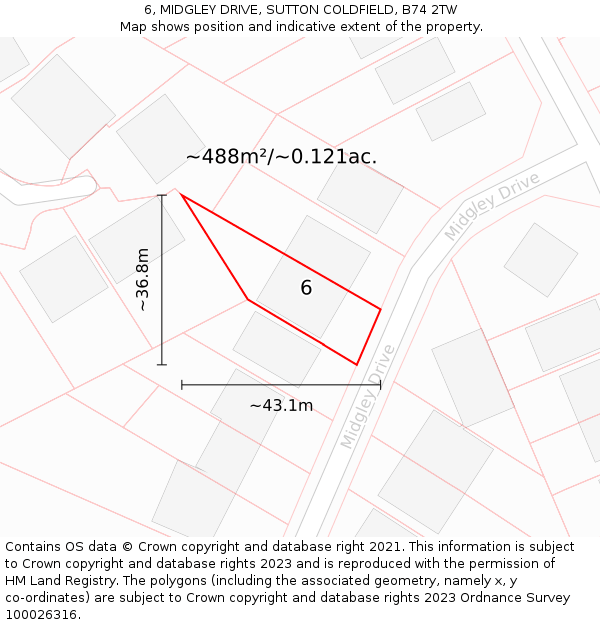 6, MIDGLEY DRIVE, SUTTON COLDFIELD, B74 2TW: Plot and title map
