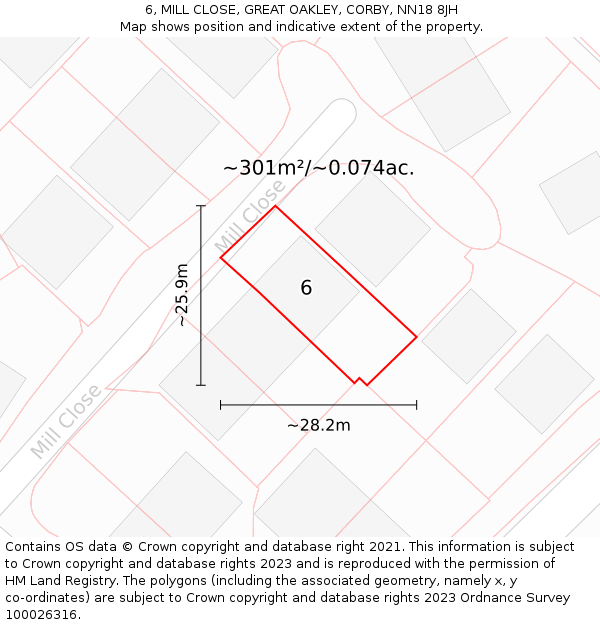6, MILL CLOSE, GREAT OAKLEY, CORBY, NN18 8JH: Plot and title map