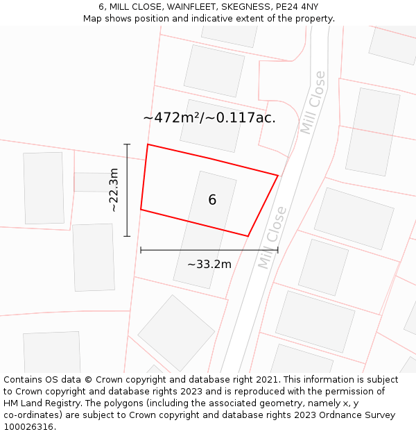 6, MILL CLOSE, WAINFLEET, SKEGNESS, PE24 4NY: Plot and title map