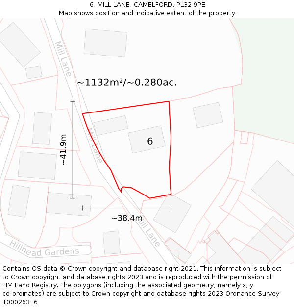 6, MILL LANE, CAMELFORD, PL32 9PE: Plot and title map