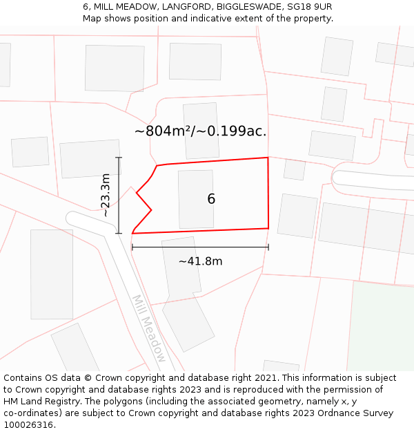 6, MILL MEADOW, LANGFORD, BIGGLESWADE, SG18 9UR: Plot and title map