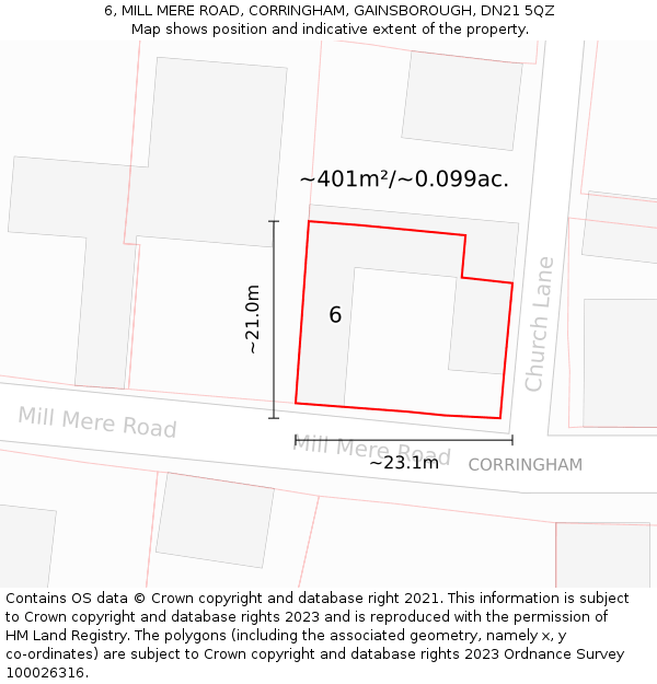 6, MILL MERE ROAD, CORRINGHAM, GAINSBOROUGH, DN21 5QZ: Plot and title map