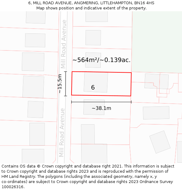 6, MILL ROAD AVENUE, ANGMERING, LITTLEHAMPTON, BN16 4HS: Plot and title map