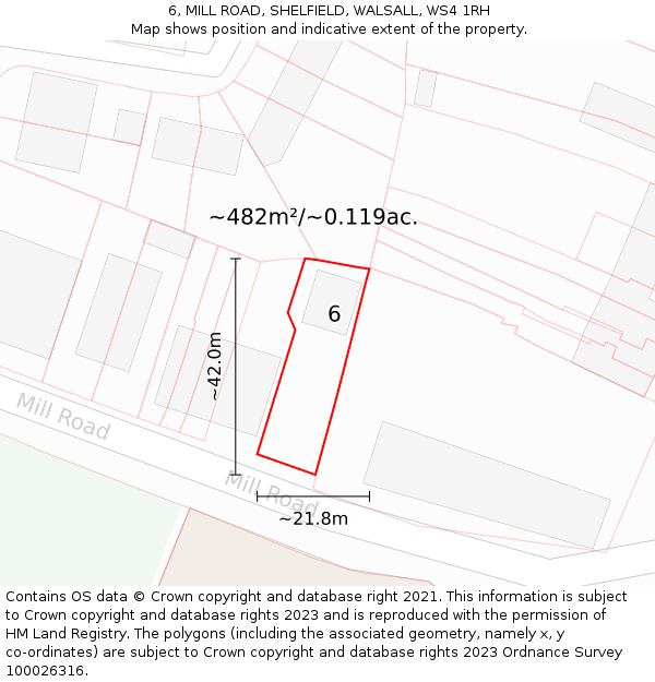 6, MILL ROAD, SHELFIELD, WALSALL, WS4 1RH: Plot and title map