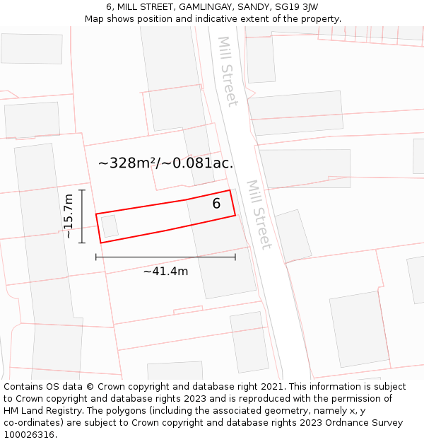 6, MILL STREET, GAMLINGAY, SANDY, SG19 3JW: Plot and title map