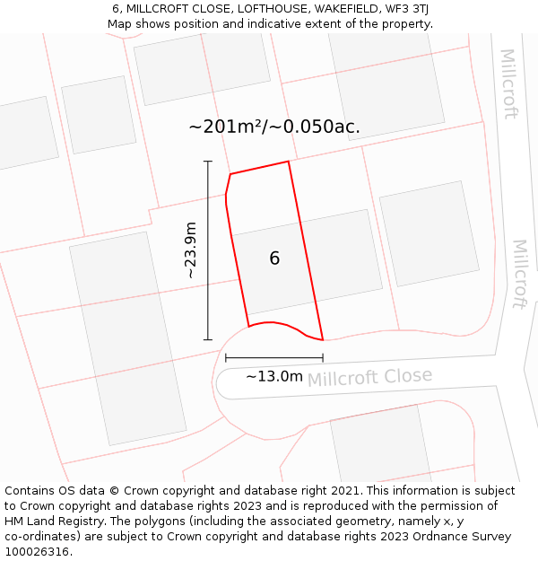 6, MILLCROFT CLOSE, LOFTHOUSE, WAKEFIELD, WF3 3TJ: Plot and title map
