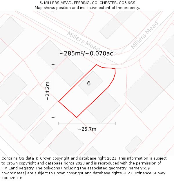 6, MILLERS MEAD, FEERING, COLCHESTER, CO5 9SS: Plot and title map