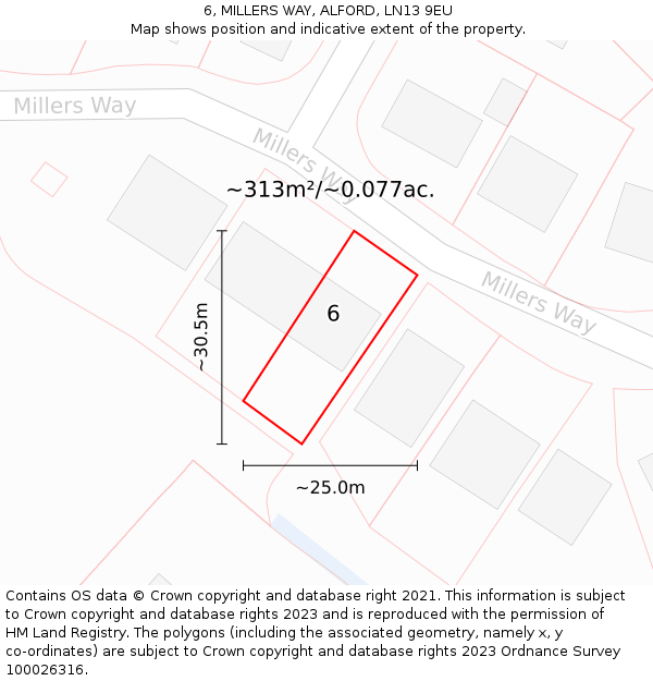 6, MILLERS WAY, ALFORD, LN13 9EU: Plot and title map