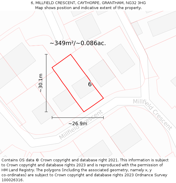 6, MILLFIELD CRESCENT, CAYTHORPE, GRANTHAM, NG32 3HG: Plot and title map
