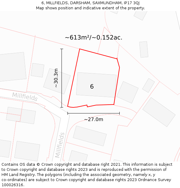 6, MILLFIELDS, DARSHAM, SAXMUNDHAM, IP17 3QJ: Plot and title map