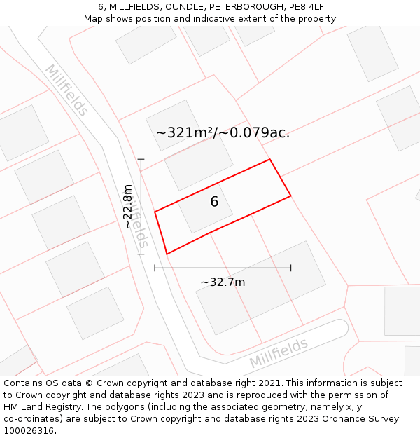 6, MILLFIELDS, OUNDLE, PETERBOROUGH, PE8 4LF: Plot and title map